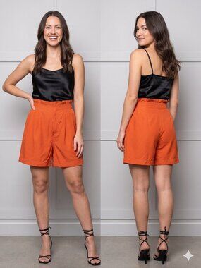 H&M Burnt Orange High-Waisted Paperbag Shorts - Size 10